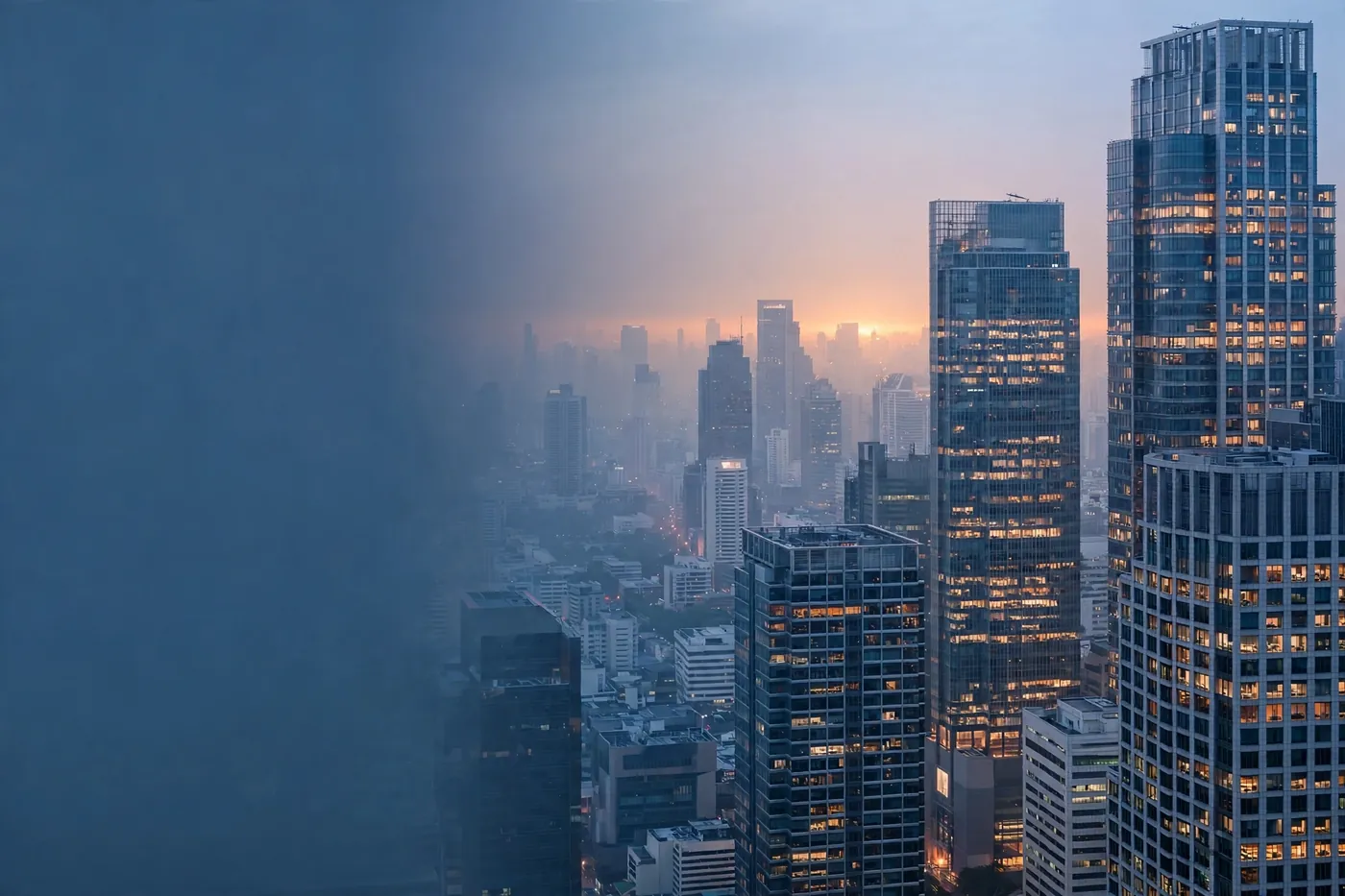 Bangkok skyline at dusk, financial and business district