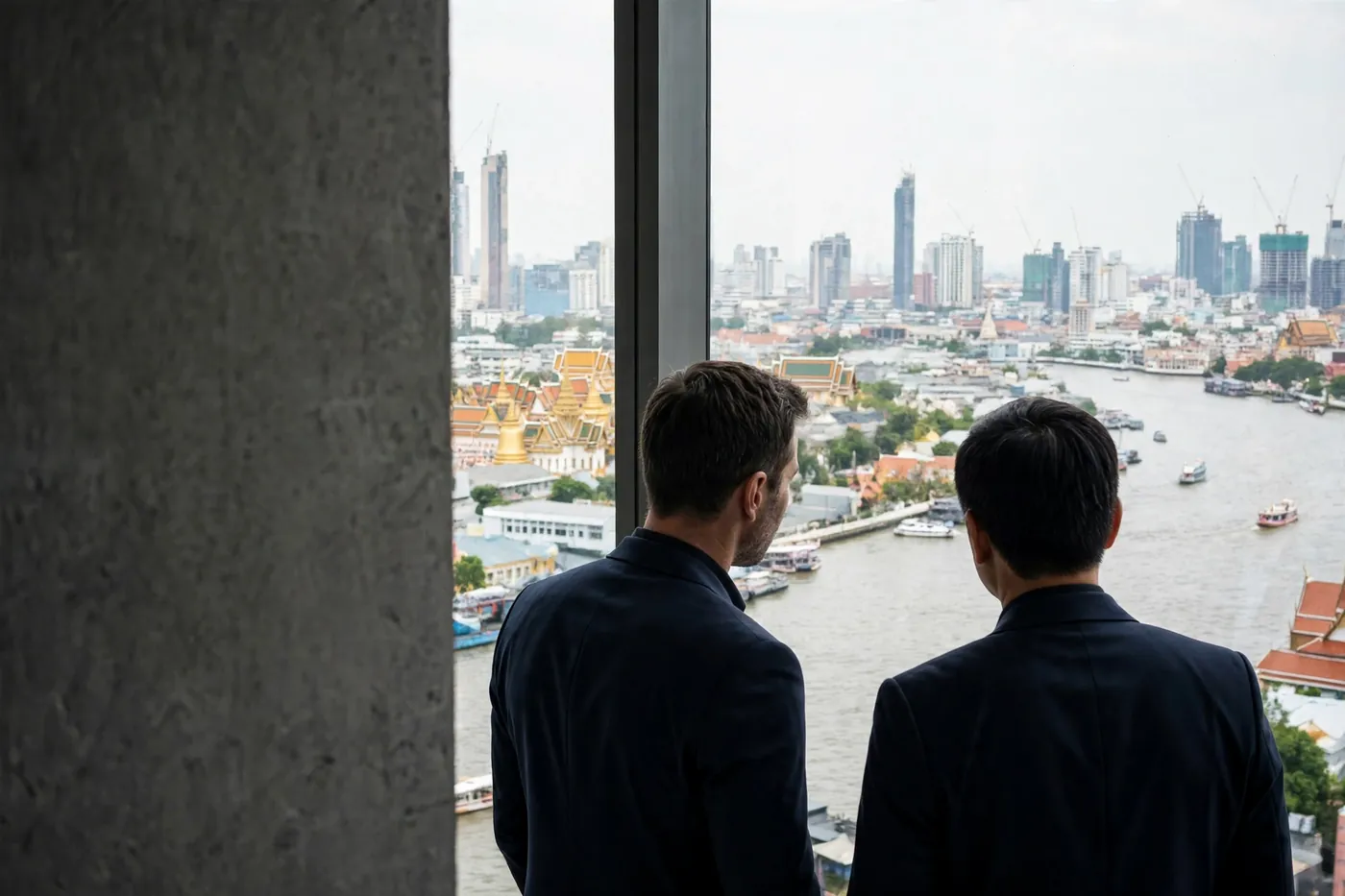 Two business professionals looking out over the Bangkok skyline and Chao Phraya river