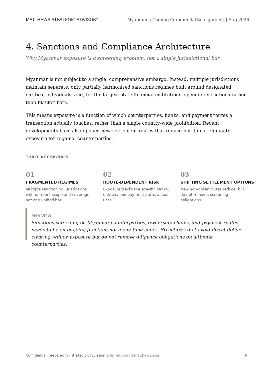 Sample page from Myanmar's Coming Commercial Realignment, showing the Sanctions and Compliance Architecture section