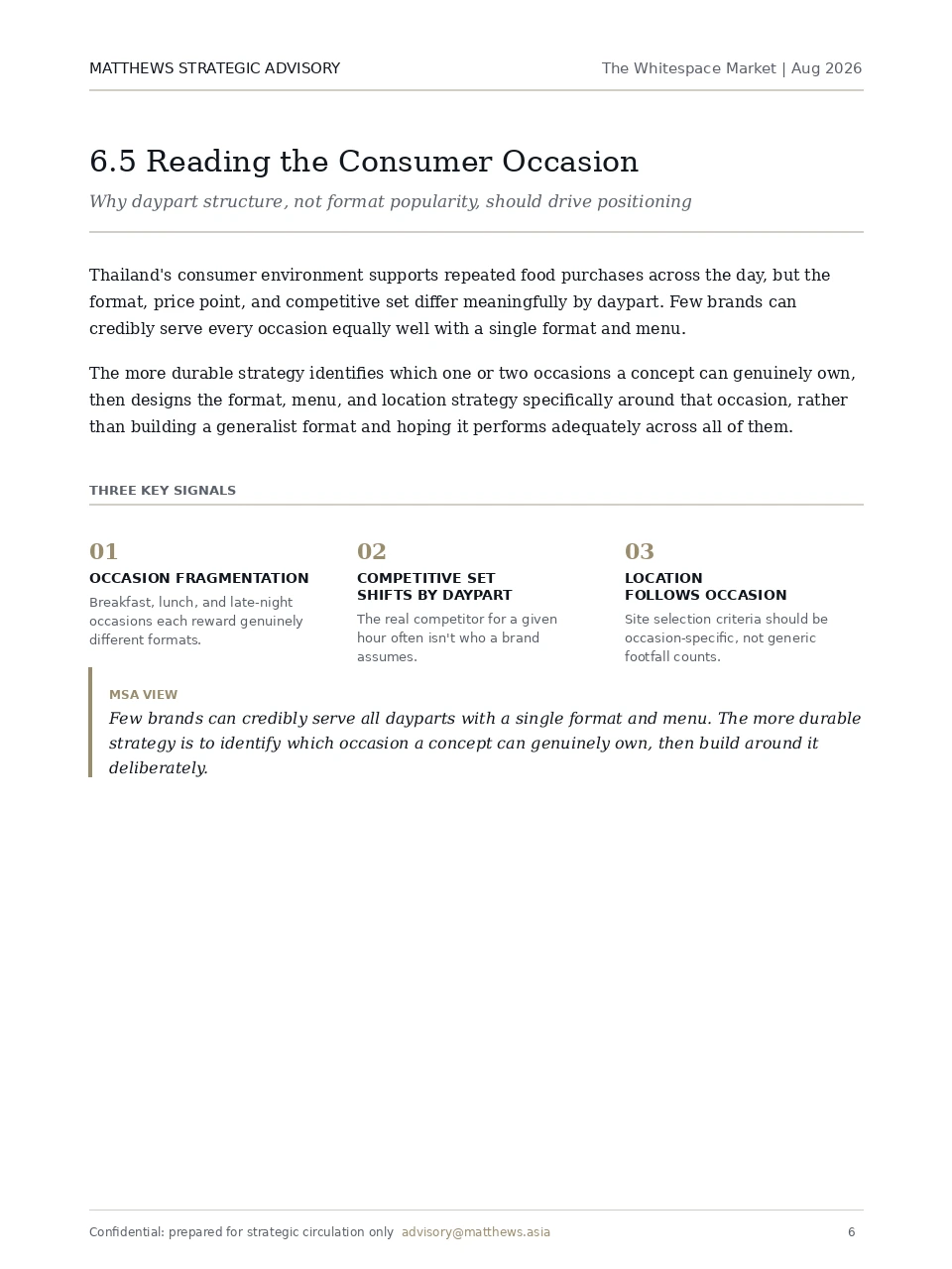 Sample page from The Whitespace Market: Thailand QSR 2026, showing how to read the consumer occasion
