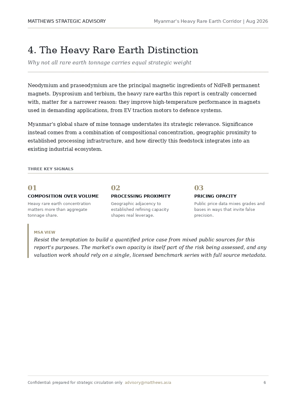 Sample page from Rare Earth Leverage, showing the Heavy Rare Earth Distinction analysis
