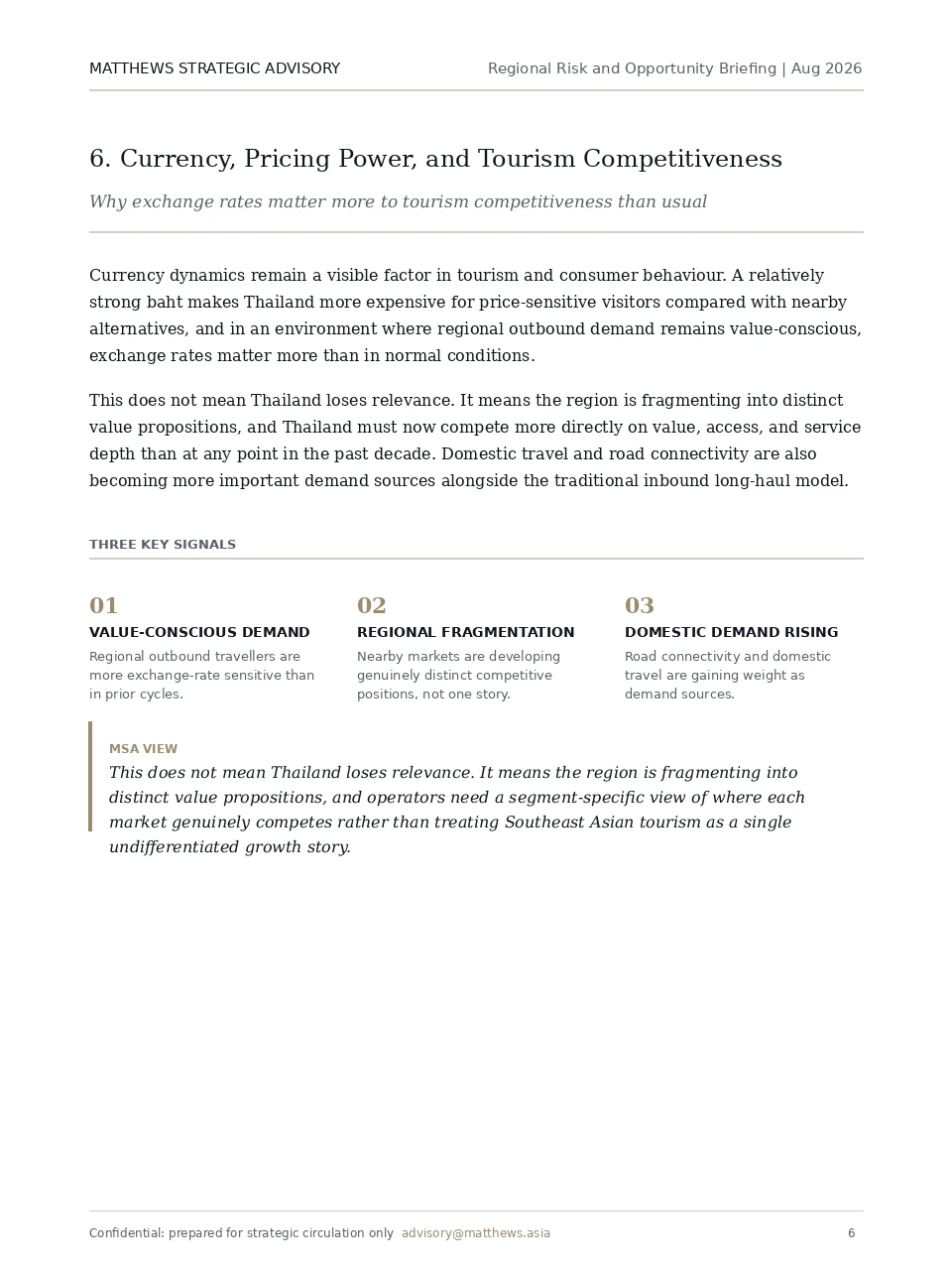 Sample page from the Regional Risk and Opportunity Briefing, showing the Currency, Pricing Power, and Tourism Competitiveness analysis