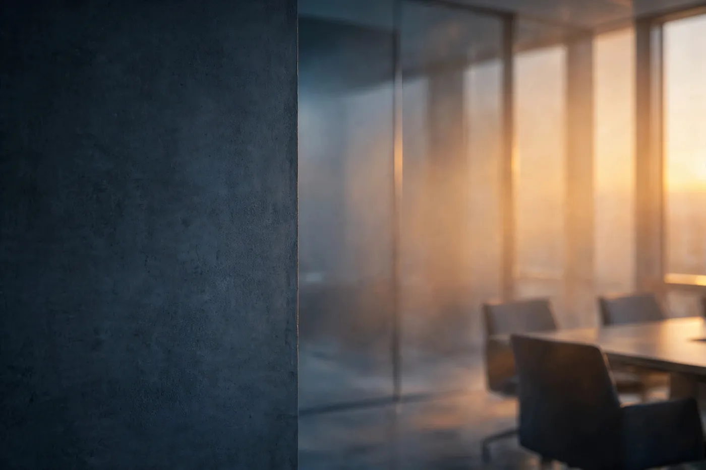 Modern boardroom at dusk with warm light through glass partitions